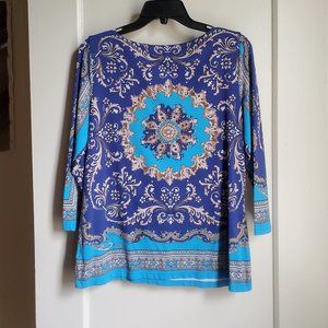 Charter Club Bohemian Print 3/4 Sleeve Boat Neck Blouse Size M 8-10